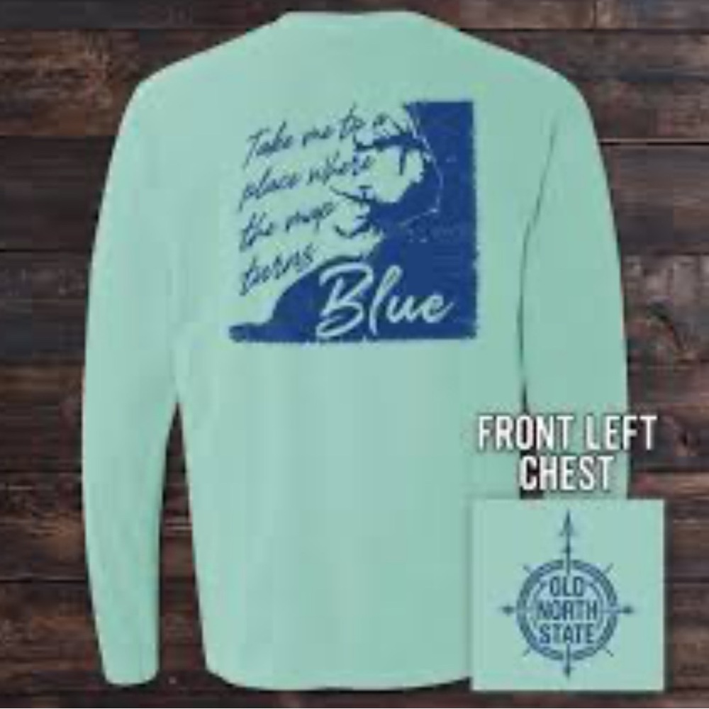 The Old North State - NC Map Turns Blue mint C Colors long sleeve tee shirt NWT